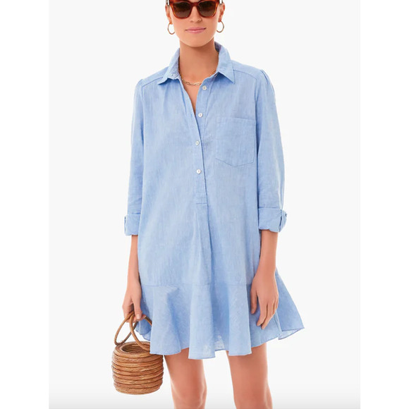 Tuckernuck Callahan Shirt Dress Blue Chambray Cotton Linen Coastal Large - Picture 1 of 7